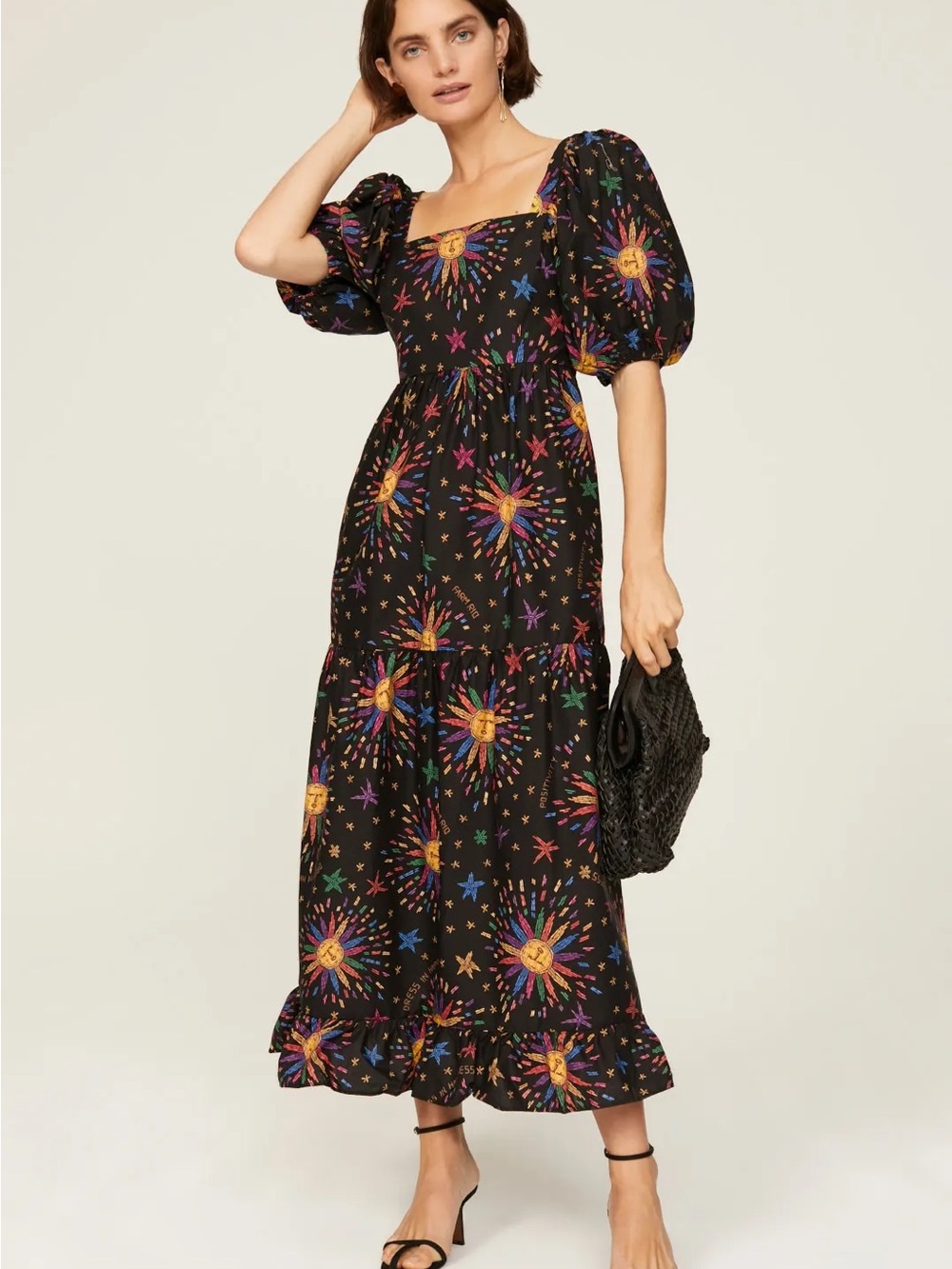 FARM Rio Black Maxi Dress with Multicolor Sunburst Print